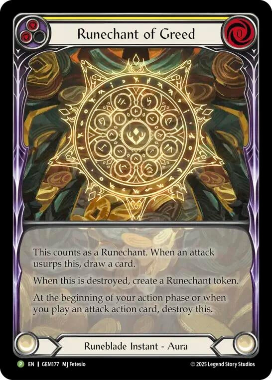 Image for Runechant of Greed (Yellow) (GEM177) (Rainbow Foil) (GEM) - Flesh and Blood TCG